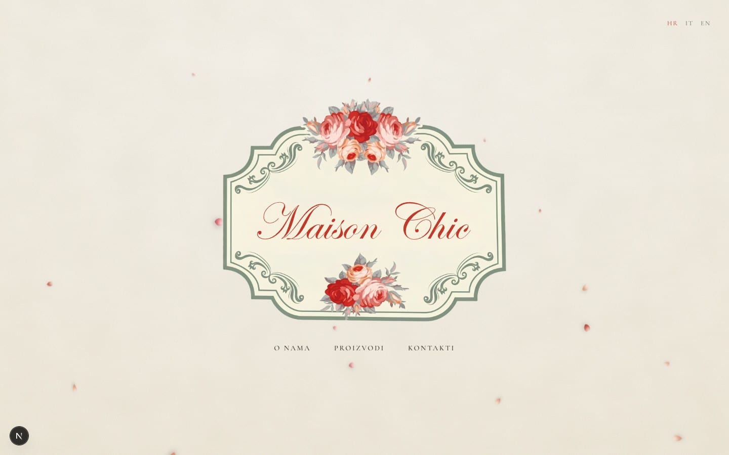 Maison Chic — a homepage with a decorative cartouche and script logotype in cream tones